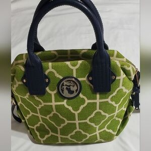 Spartina 459 Green and Navy Linen Handbag. Leather Strapes.